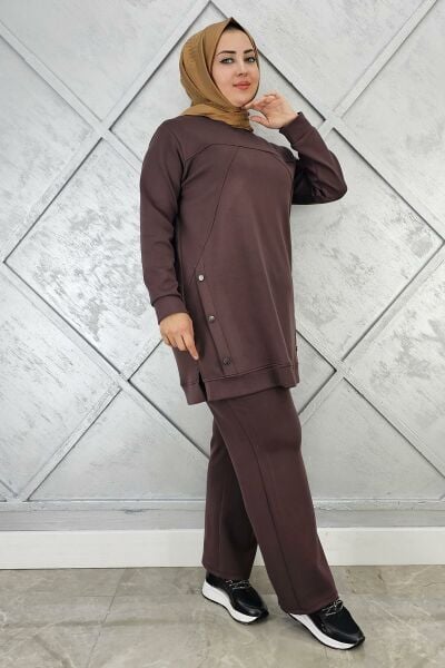 KADIN ÇIT ÇIT DETAYLI TESETTÜR TAKIM KAHVERENGİ - 3XL