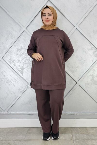 KADIN ÇIT ÇIT DETAYLI TESETTÜR TAKIM KAHVERENGİ - 3XL
