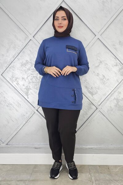 KADIN DÜĞME VE CEP GÖRÜNÜM DETAYLI TESETTÜR TUNİK İNDİGO - XL