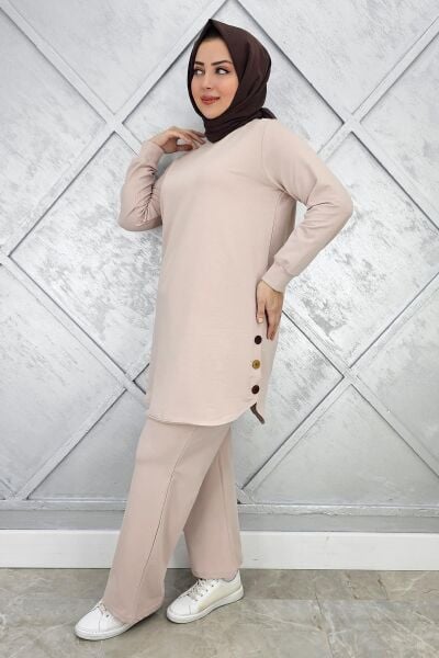 KADIN ETEK ALTI OVAL DÜĞME DETAYLI TESETTÜR TAKIM BEJ - XL