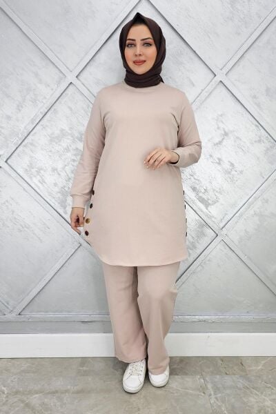 KADIN ETEK ALTI OVAL DÜĞME DETAYLI TESETTÜR TAKIM BEJ - XL