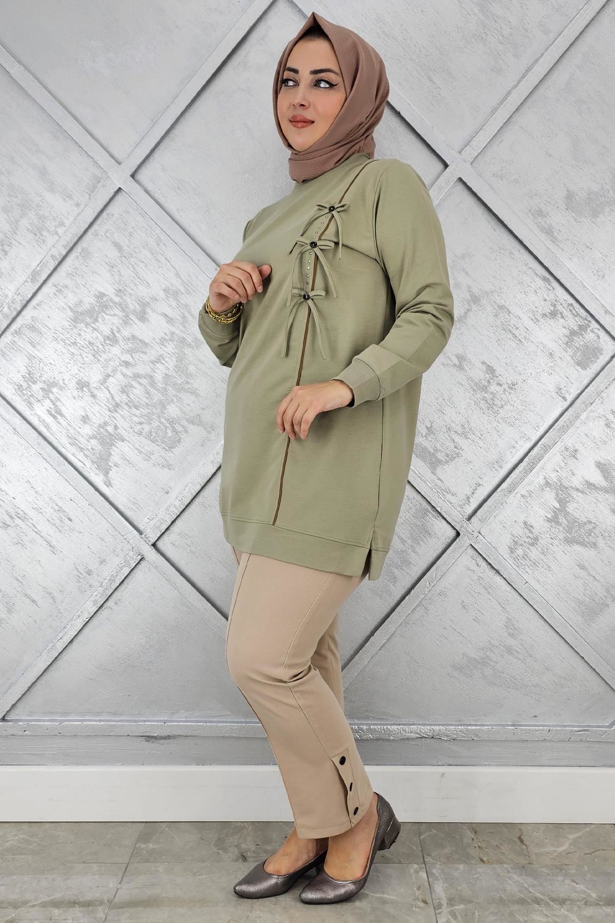 KADIN DÜĞME TAŞ DETAYLI BİYELİ TESETTÜR TUNİK MİNT YEŞİLİ - XL