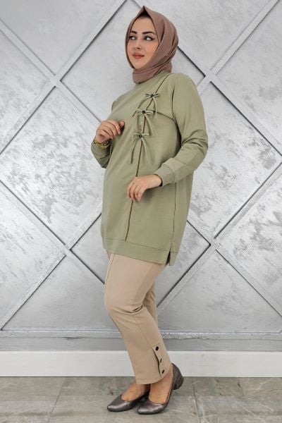 KADIN DÜĞME TAŞ DETAYLI BİYELİ TESETTÜR TUNİK MİNT YEŞİLİ - XL
