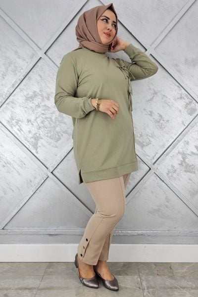 KADIN DÜĞME TAŞ DETAYLI BİYELİ TESETTÜR TUNİK MİNT YEŞİLİ - XL