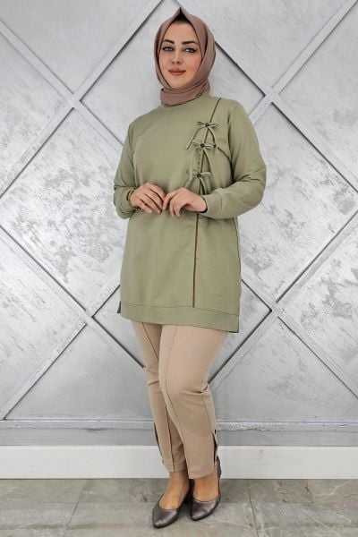 KADIN DÜĞME TAŞ DETAYLI BİYELİ TESETTÜR TUNİK MİNT YEŞİLİ - XL