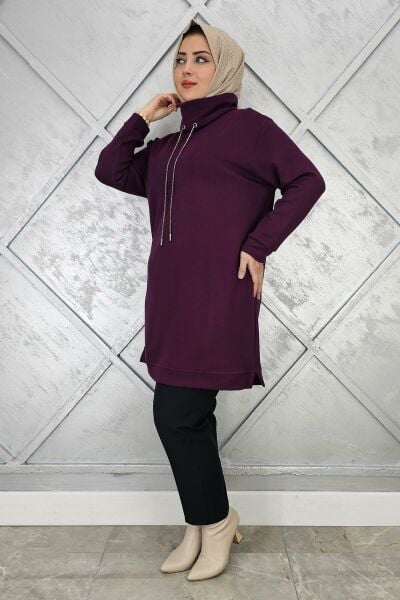 KADIN BAĞ İPİ DETAYLI TESETTÜR TUNİK MOR - 4 BEDEN