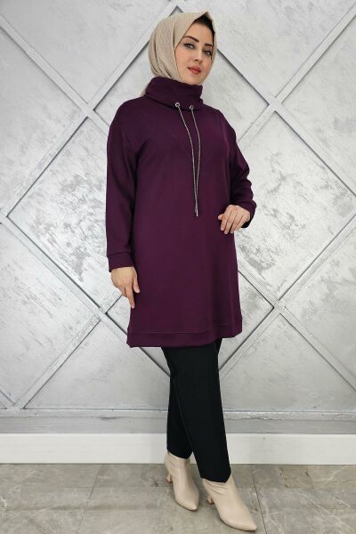KADIN BAĞ İPİ DETAYLI TESETTÜR TUNİK MOR - 4 BEDEN