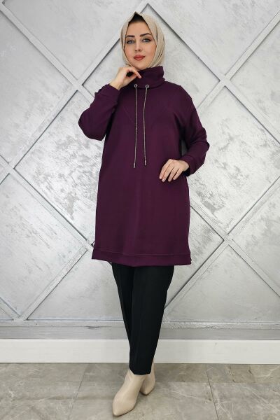 KADIN BAĞ İPİ DETAYLI TESETTÜR TUNİK MOR - 4 BEDEN