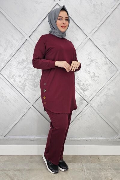 KADIN ETEK ALTI OVAL DÜĞME DETAYLI TESETTÜR TAKIM BORDO - L