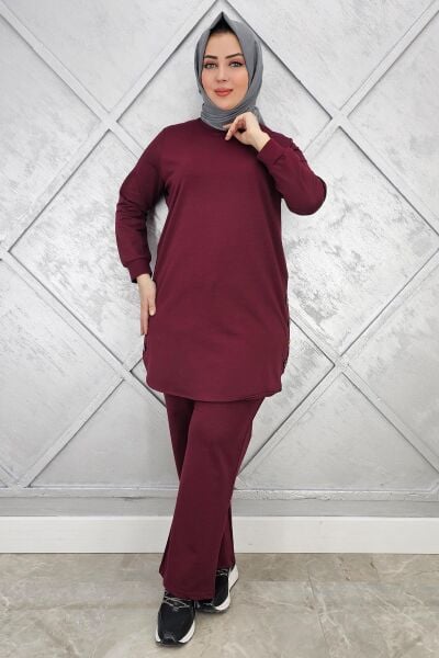 KADIN ETEK ALTI OVAL DÜĞME DETAYLI TESETTÜR TAKIM BORDO - L