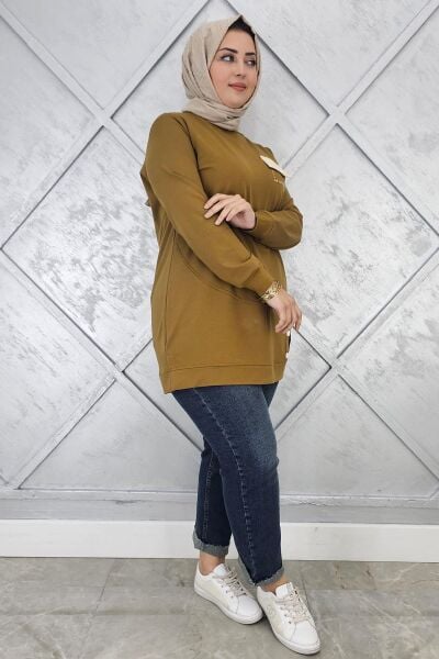 KADIN DÜĞME VE CEP GÖRÜNÜM DETAYLI TESETTÜR TUNİK YAĞ YEŞİLİ - L