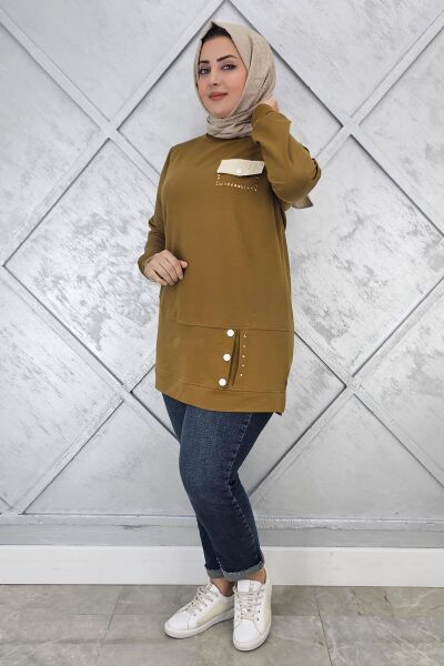 KADIN DÜĞME VE CEP GÖRÜNÜM DETAYLI TESETTÜR TUNİK YAĞ YEŞİLİ - L
