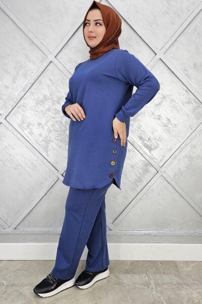 KADIN ETEK ALTI OVAL DÜĞME DETAYLI TESETTÜR TAKIM İNDİGO - L