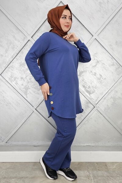 KADIN ETEK ALTI OVAL DÜĞME DETAYLI TESETTÜR TAKIM İNDİGO - L