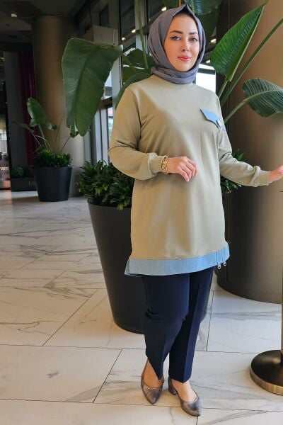 KADIN BROŞ VE KOMBİN DETAYLI TESETTÜR TUNİK HAKİ - L