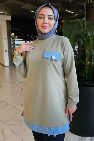 KADIN BROŞ VE KOMBİN DETAYLI TESETTÜR TUNİK HAKİ - L