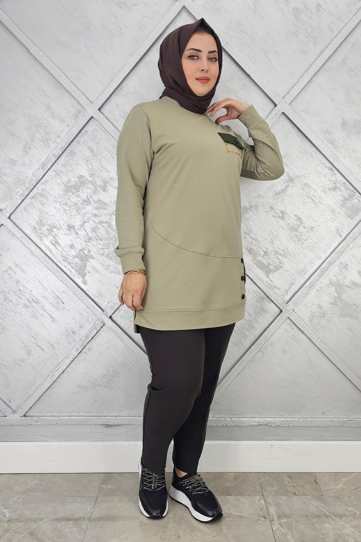 KADIN DÜĞME VE CEP GÖRÜNÜM DETAYLI TESETTÜR TUNİK MİNT YEŞİLİ - 2XL