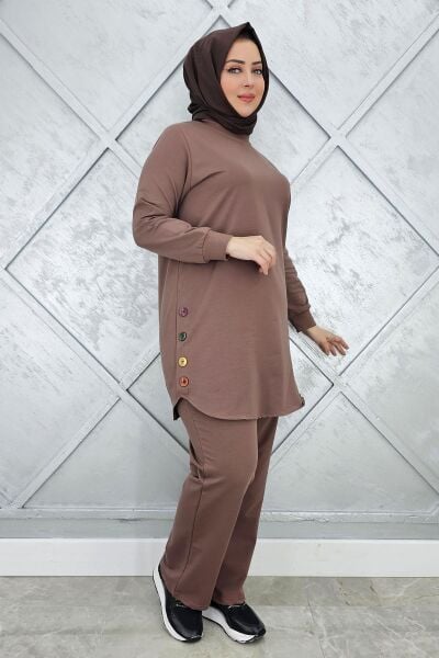 KADIN ETEK ALTI OVAL DÜĞME DETAYLI TESETTÜR TAKIM VİZON - L