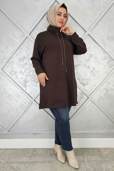 KADIN BAĞ İPİ DETAYLI TESETTÜR TUNİK KAHVERENGİ - 5 BEDEN