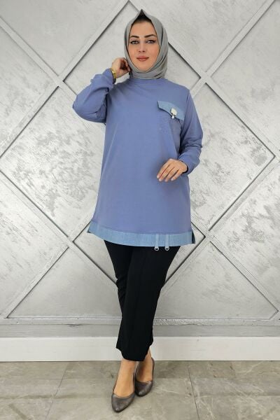 KADIN BROŞ VE KOMBİN DETAYLI TESETTÜR TUNİK MAVİ - XL