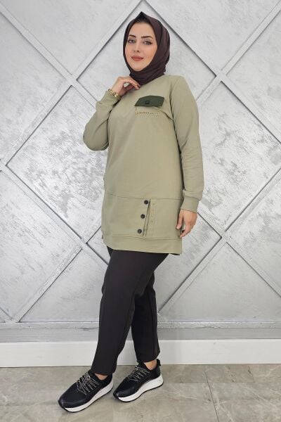 KADIN DÜĞME VE CEP GÖRÜNÜM DETAYLI TESETTÜR TUNİK MİNT YEŞİLİ - 3XL