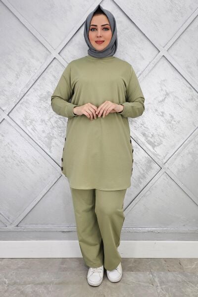 KADIN ETEK ALTI OVAL DÜĞME DETAYLI TESETTÜR TAKIM HAKİ - L