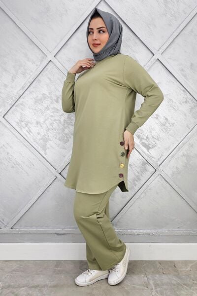 KADIN ETEK ALTI OVAL DÜĞME DETAYLI TESETTÜR TAKIM HAKİ - L