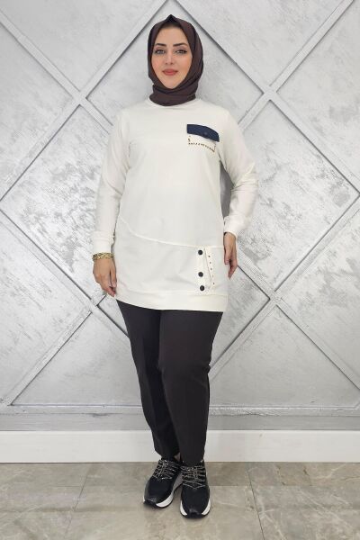 KADIN DÜĞME VE CEP GÖRÜNÜM DETAYLI TESETTÜR TUNİK EKRU - L