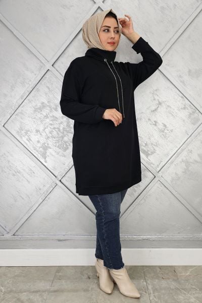 KADIN BAĞ İPİ DETAYLI TESETTÜR TUNİK SİYAH - 5 BEDEN