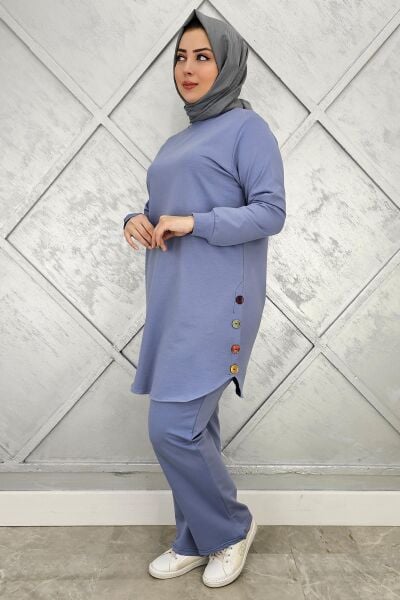 KADIN ETEK ALTI OVAL DÜĞME DETAYLI TESETTÜR TAKIM MAVİ - L