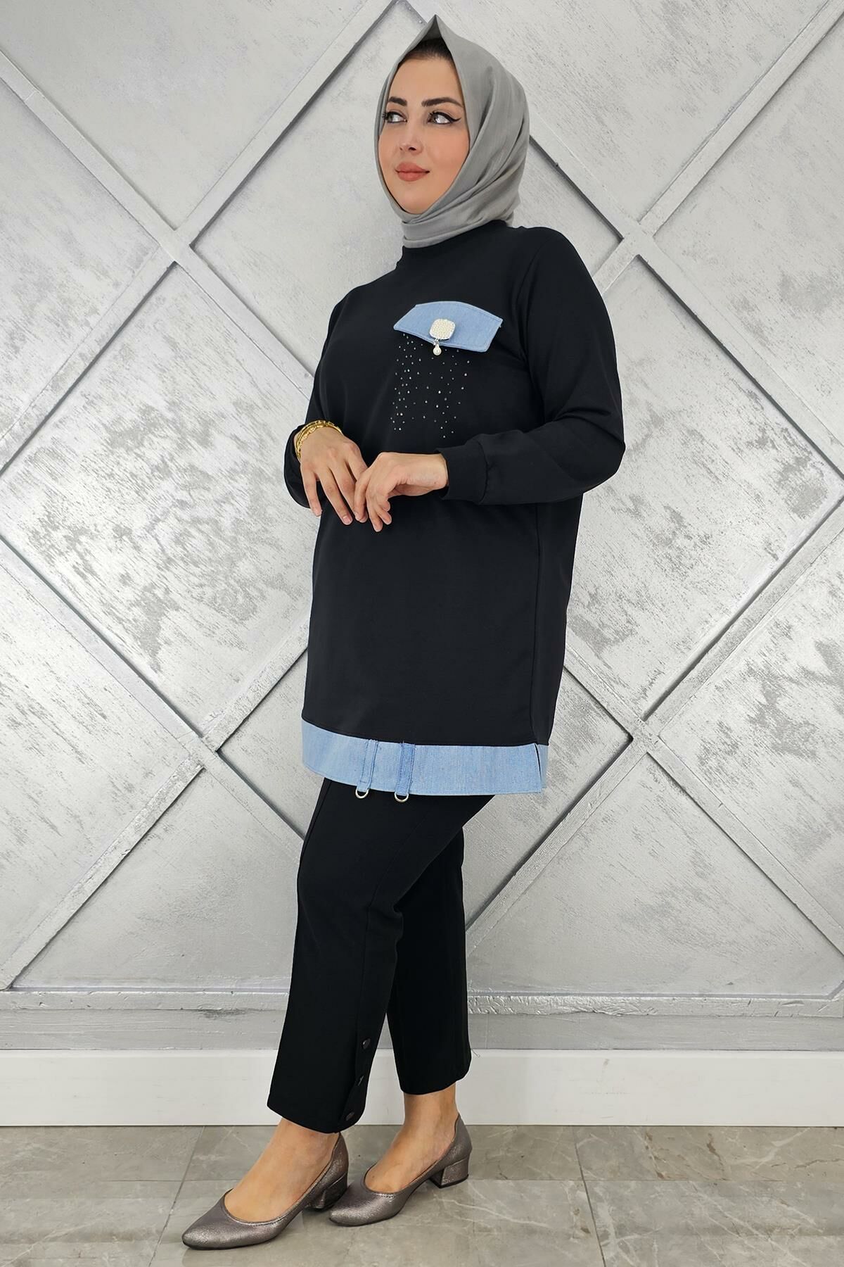 KADIN BROŞ VE KOMBİN DETAYLI TESETTÜR TUNİK SİYAH - XL