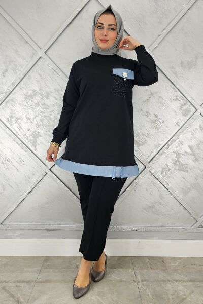 KADIN BROŞ VE KOMBİN DETAYLI TESETTÜR TUNİK SİYAH - XL