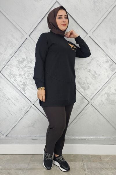 KADIN DÜĞME VE CEP GÖRÜNÜM DETAYLI TESETTÜR TUNİK SİYAH - XL