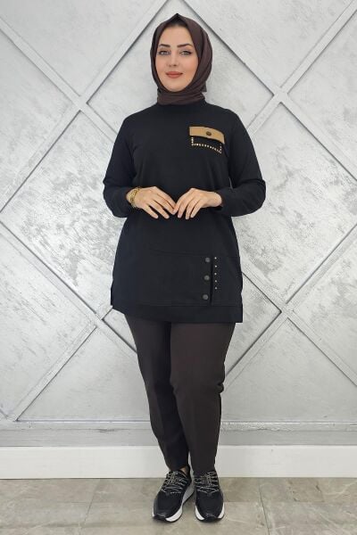 KADIN DÜĞME VE CEP GÖRÜNÜM DETAYLI TESETTÜR TUNİK SİYAH - XL