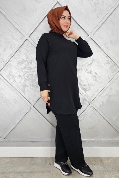 KADIN ETEK ALTI OVAL DÜĞME DETAYLI TESETTÜR TAKIM SİYAH - 3XL
