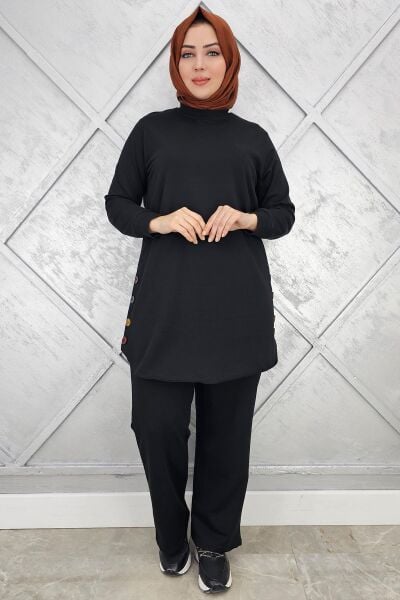 KADIN ETEK ALTI OVAL DÜĞME DETAYLI TESETTÜR TAKIM SİYAH - 3XL