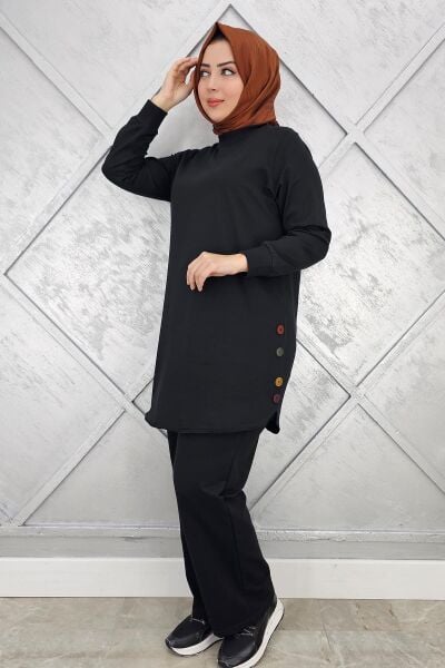 KADIN ETEK ALTI OVAL DÜĞME DETAYLI TESETTÜR TAKIM SİYAH - 3XL