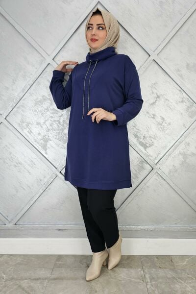 KADIN BAĞ İPİ DETAYLI TESETTÜR TUNİK İNDİGO - 2 BEDEN