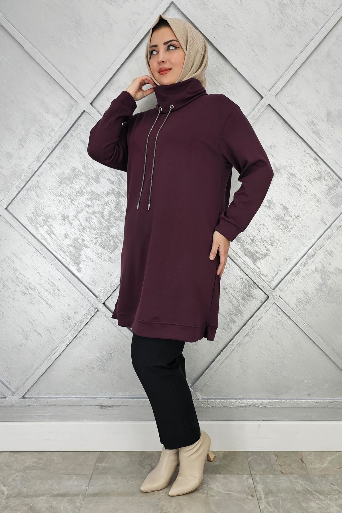 KADIN BAĞ İPİ DETAYLI TESETTÜR TUNİK BORDO - 4 BEDEN
