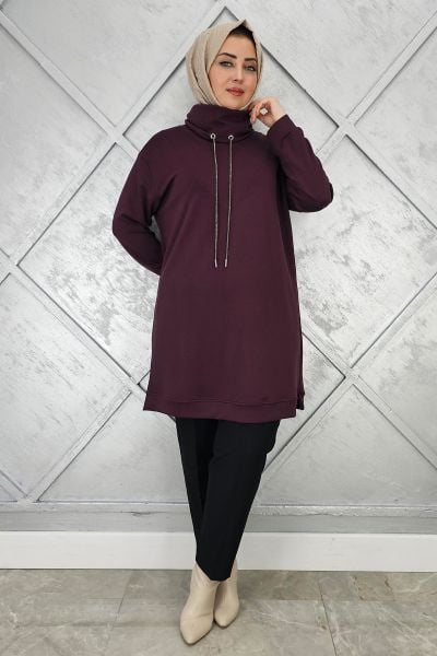 KADIN BAĞ İPİ DETAYLI TESETTÜR TUNİK BORDO - 4 BEDEN