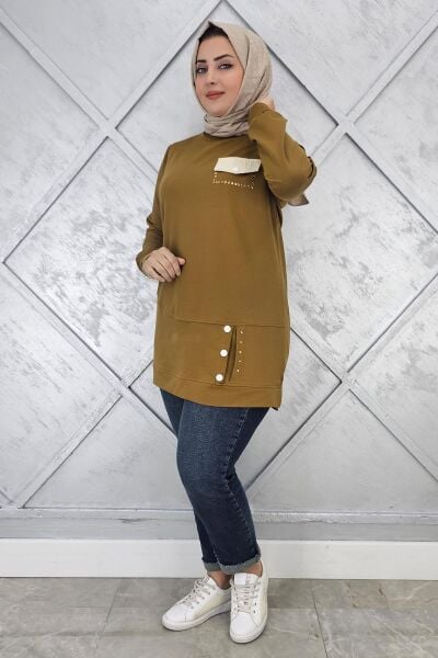 KADIN DÜĞME VE CEP GÖRÜNÜM DETAYLI TESETTÜR TUNİK YAĞ YEŞİLİ - 3XL