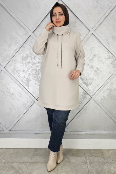 KADIN BAĞ İPİ DETAYLI TESETTÜR TUNİK BEJ - 2 BEDEN
