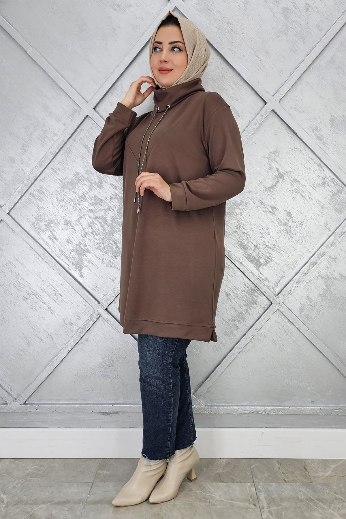 KADIN BAĞ İPİ DETAYLI TESETTÜR TUNİK VİZON - 4 BEDEN