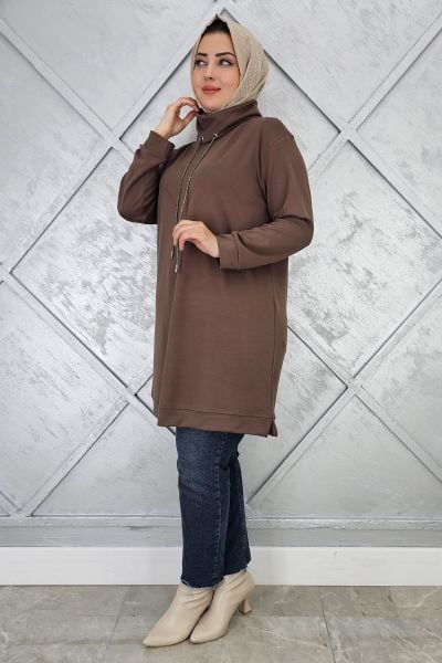 KADIN BAĞ İPİ DETAYLI TESETTÜR TUNİK VİZON - 4 BEDEN