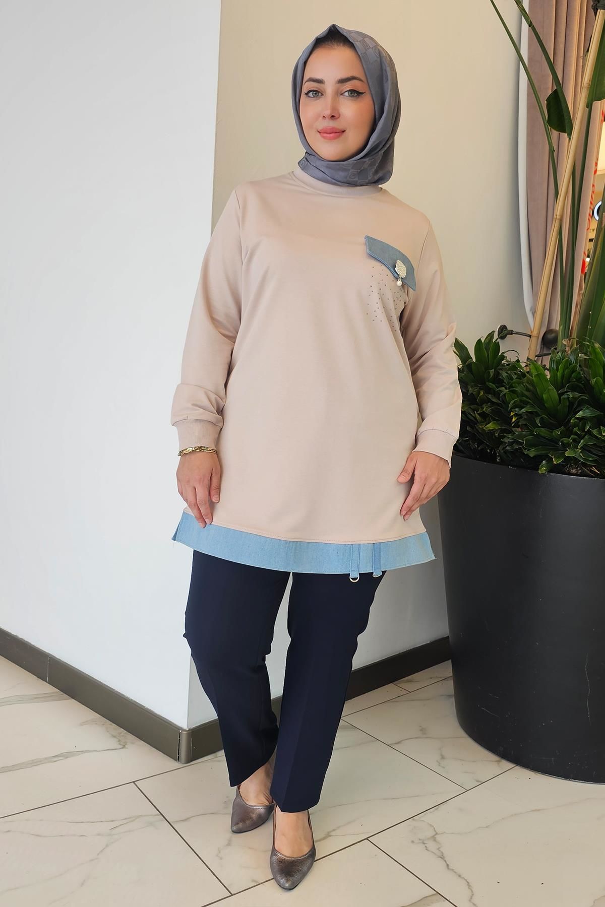 KADIN BROŞ VE KOMBİN DETAYLI TESETTÜR TUNİK BEJ - XL