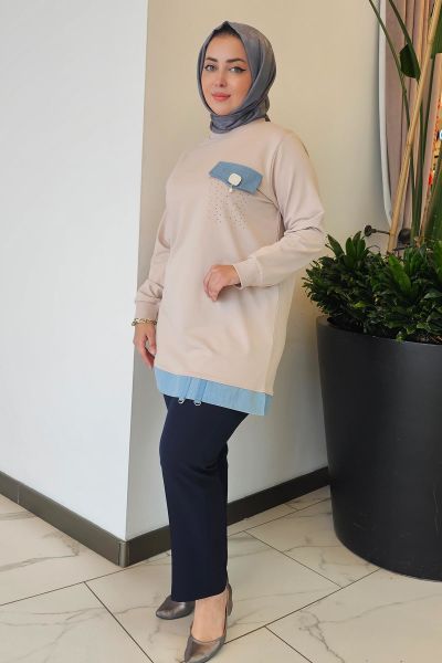 KADIN BROŞ VE KOMBİN DETAYLI TESETTÜR TUNİK BEJ - XL