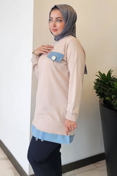 KADIN BROŞ VE KOMBİN DETAYLI TESETTÜR TUNİK BEJ - XL