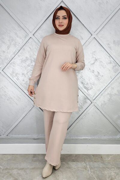 KADIN DÜĞME DETAYLI TESETTÜR TAKIM BEJ - XL