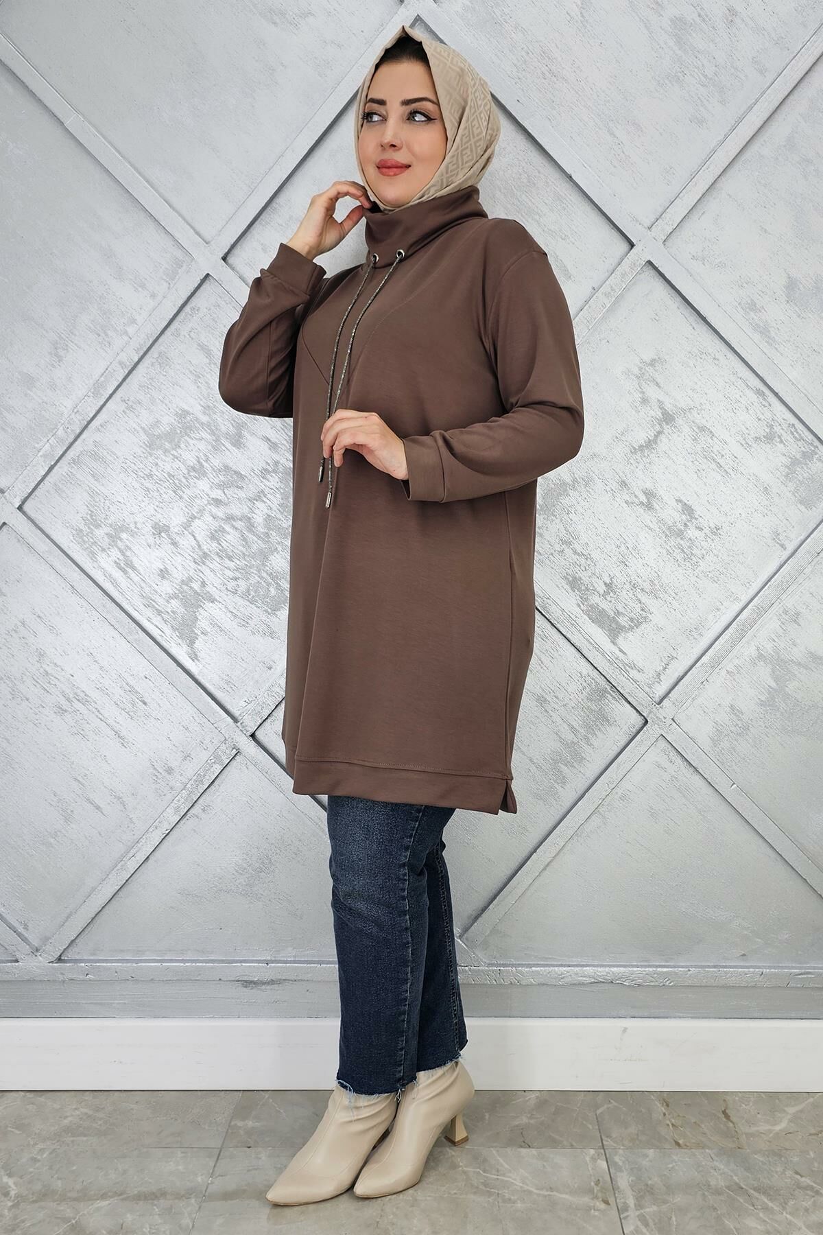 KADIN BAĞ İPİ DETAYLI TESETTÜR TUNİK VİZON - 5 BEDEN