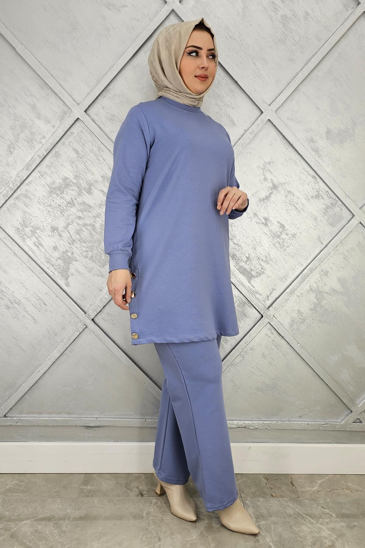 KADIN DÜĞME DETAYLI TESETTÜR TAKIM MAVİ - 2XL